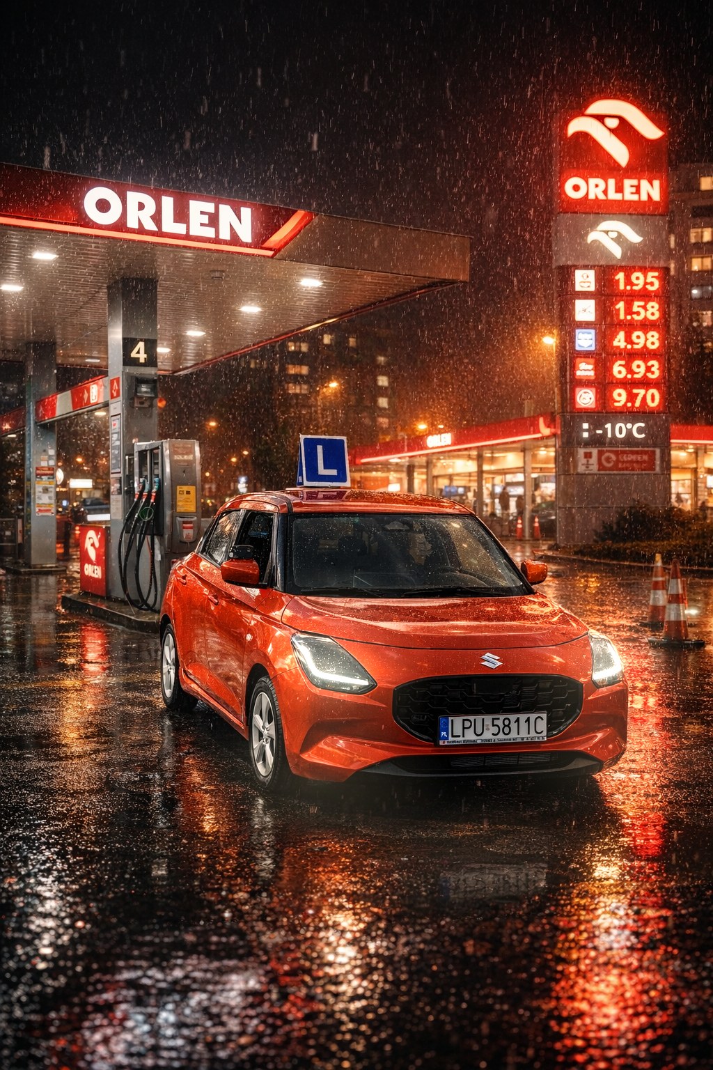 Samochód szkoleniowy LuCars Drive wieczorem z zapalonymi światłami